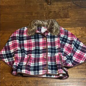 Janie and Jack Faux Fur Collar Pink and Black Plaid Cape, size 10/12